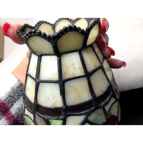 Beautiful Stained Glass Lamp Shade with Scalloped Top Edge & Inlaid Fruit Design - Picture 7 of 11